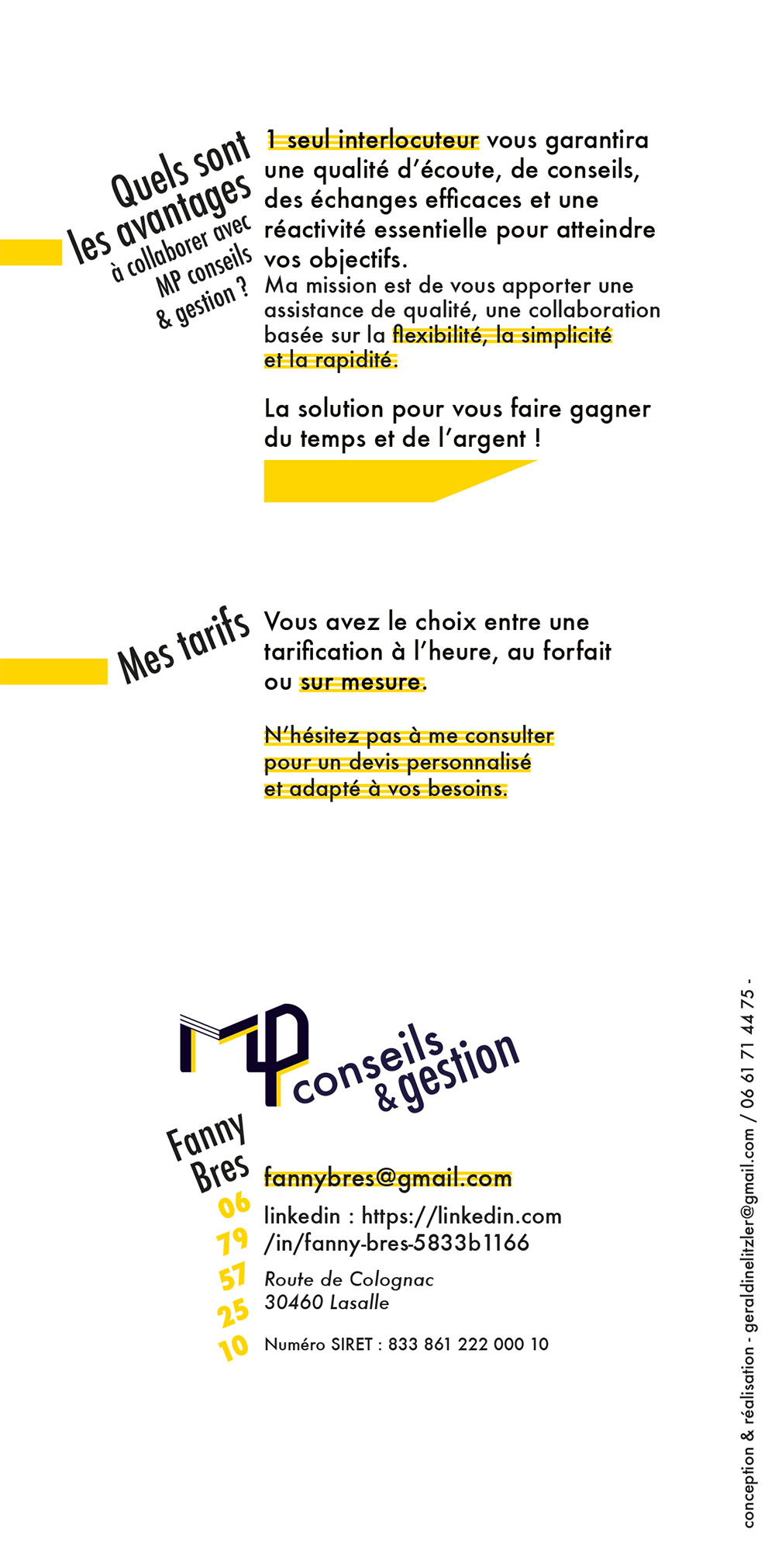 plaquette verso présentant les services de l'entreprise MP Gestion en couleur jaune et noir sur fond blanc
